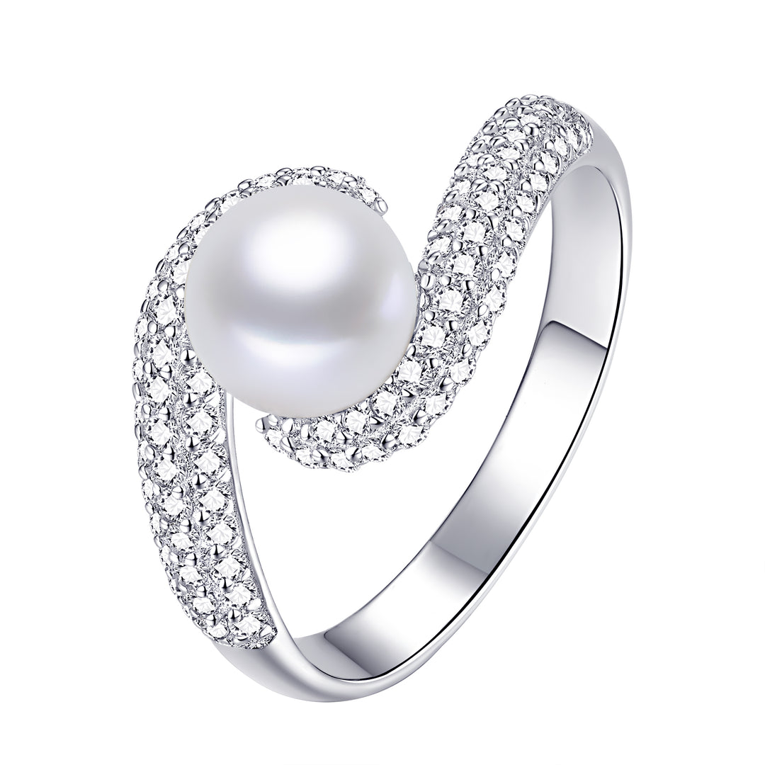 Pearl and Pave Swirl CZ Sterling Silver Ring