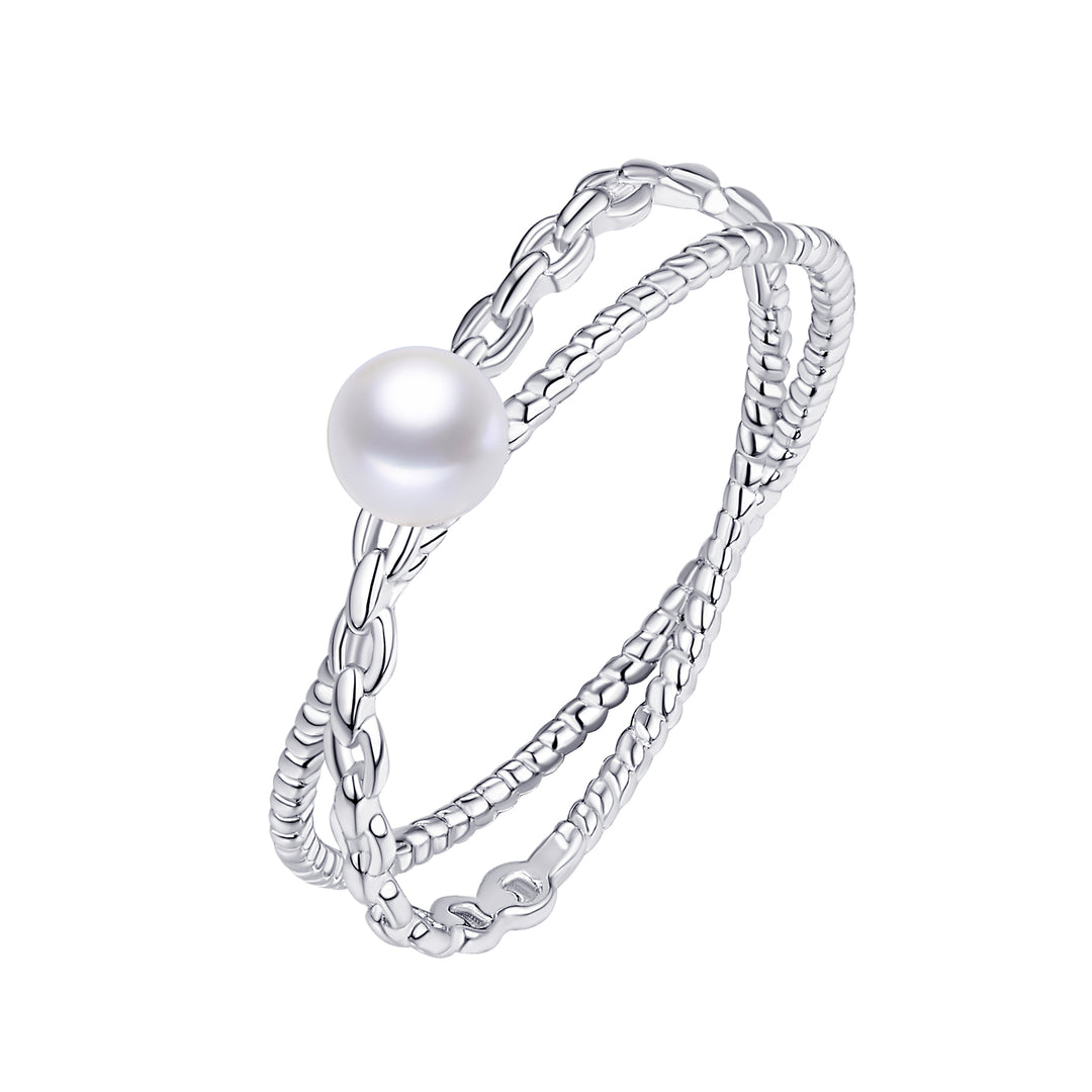 Sterling Silver Chain Link Criss Crossed Pearl Ring