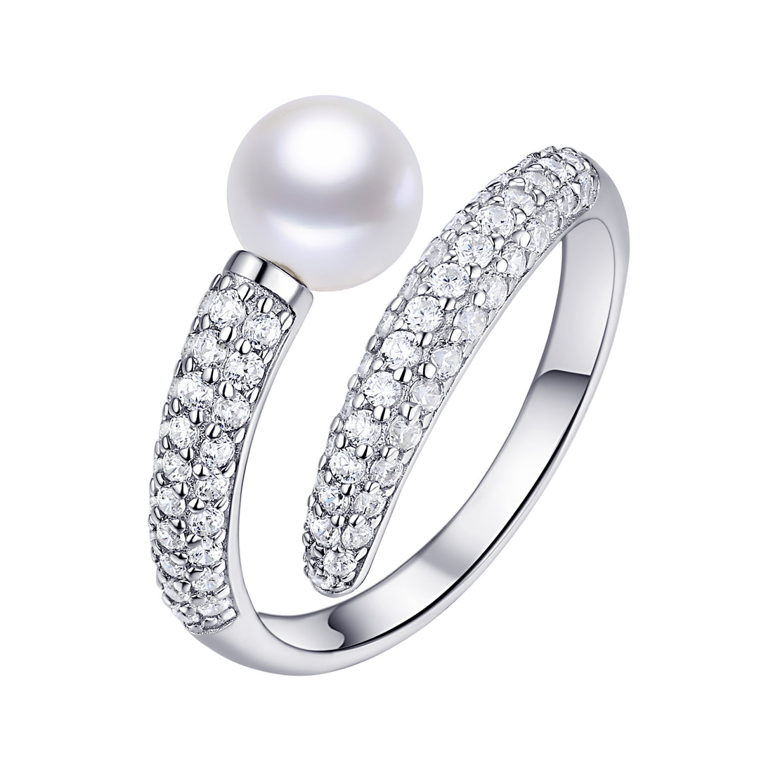 Bypass Pearl and CZ Pave Stone Ring