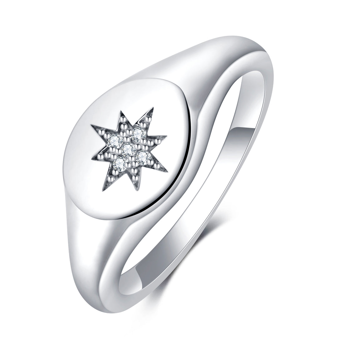 Sterling Silver Sunburst CZ Star Signet Ring