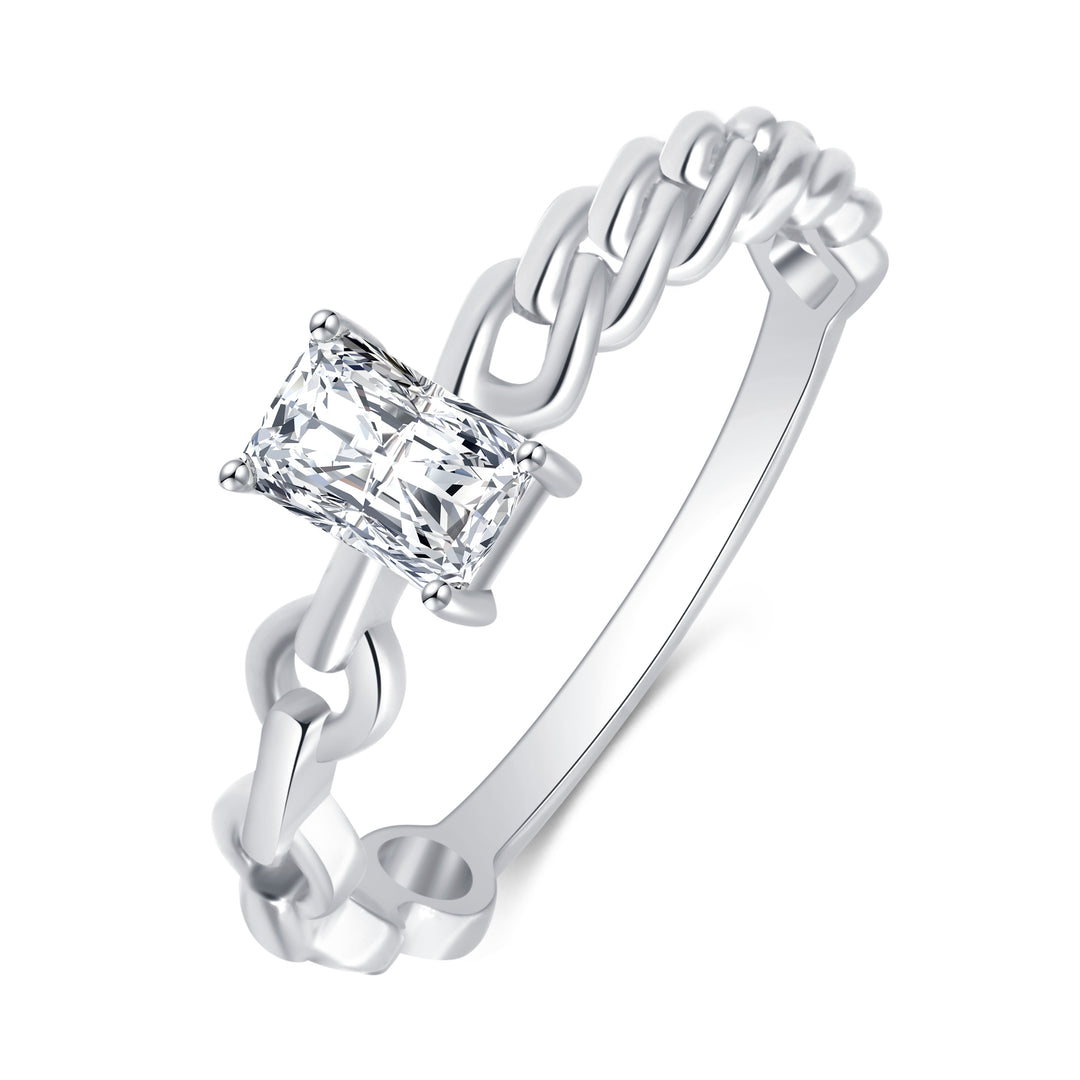 Sterling Silver Emerald Cut Brilliant CZ Chain Ring