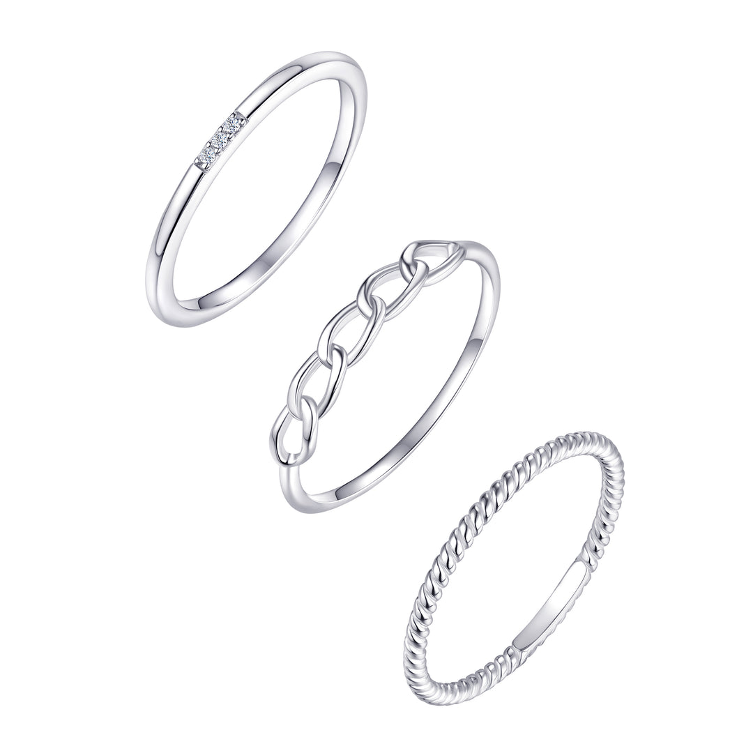 Sterling Silver Woven Link CZ Ring Set