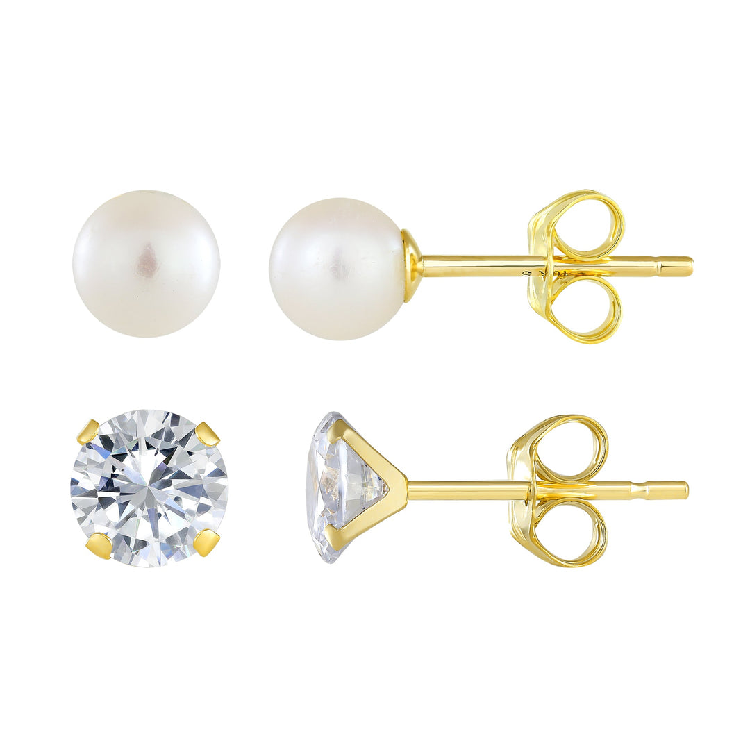 10K Yellow Gold Round 4mm CZ and Pearl Stud Earring Set