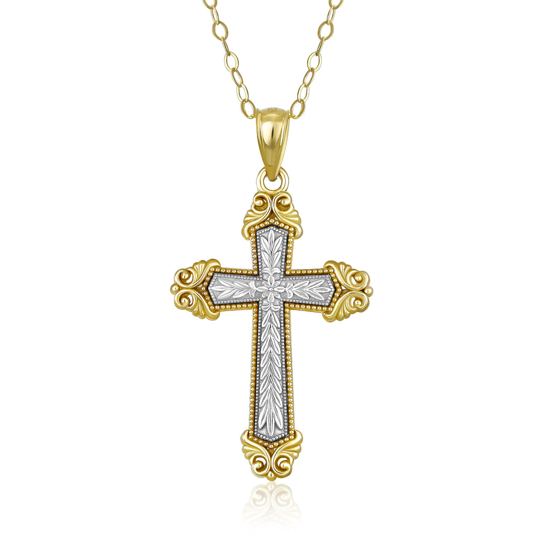 10K Two Tone Yellow Gold Antique Cross Pendant Necklace