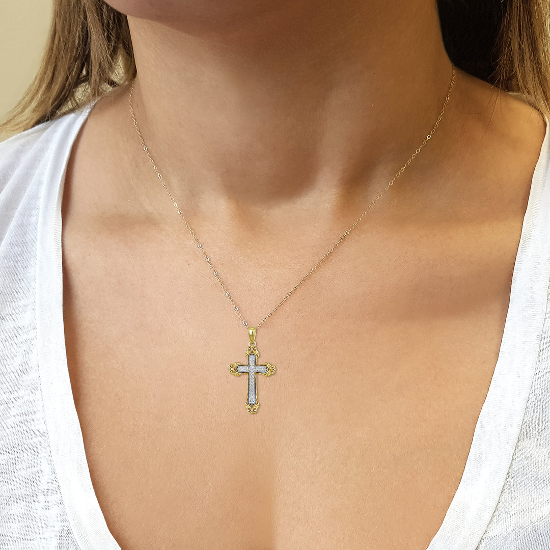 10K Two Tone Yellow Gold Antique Cross Pendant Necklace