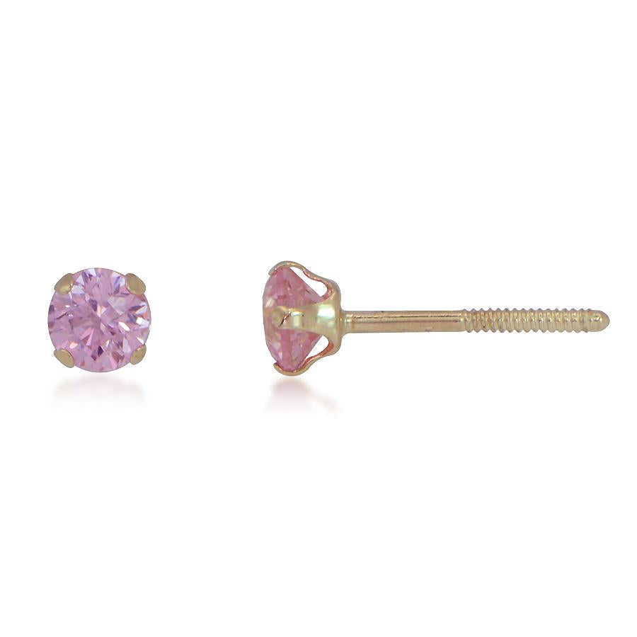 10K Yellow Gold Minimal 3mm Pink CZ Stud Earrings