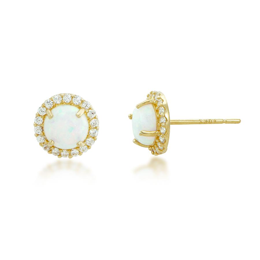 10K Yellow Gold Cabachon Opal and Sparkle CZ Stud Earrings