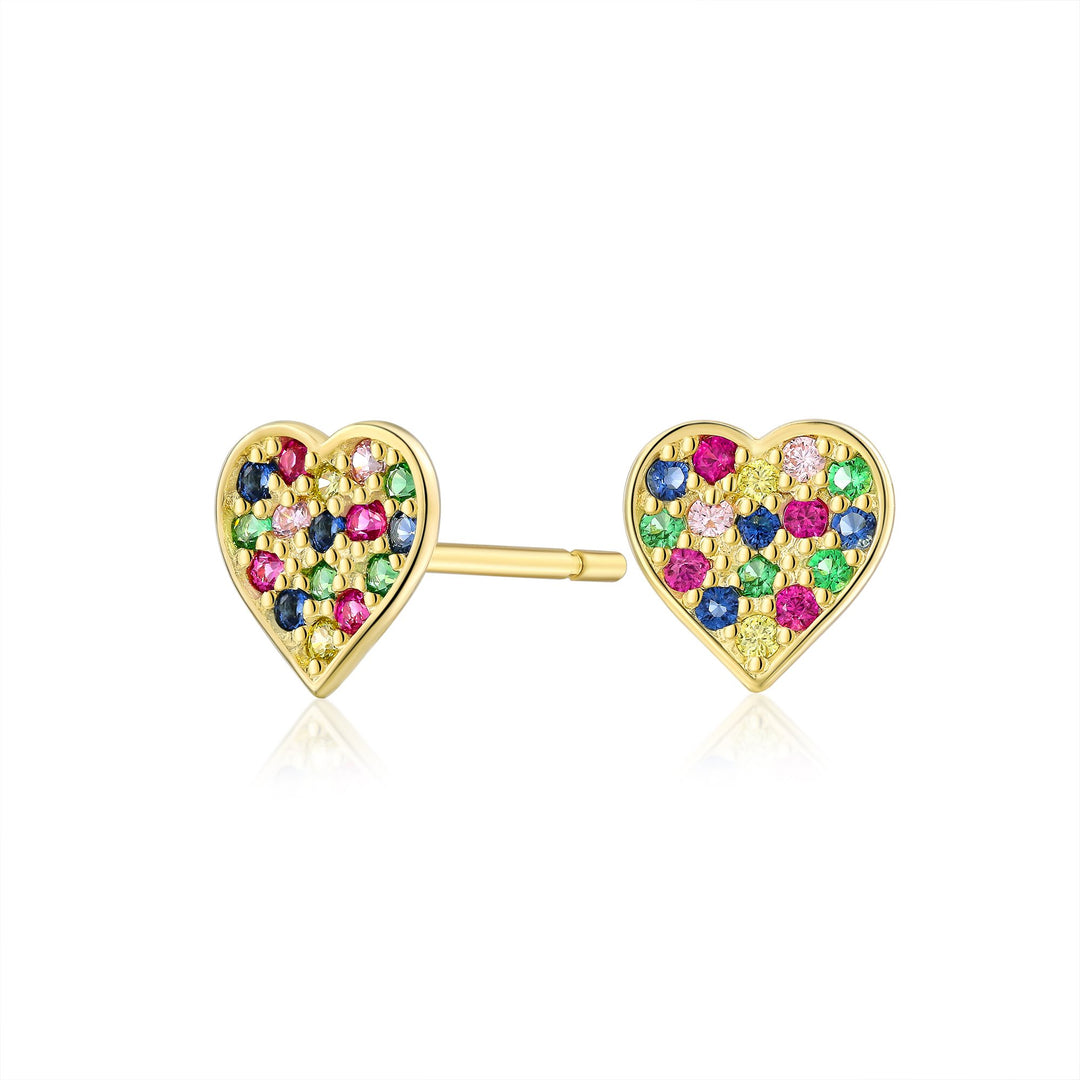 10K Yellow Gold Mini Rainbow Color CZ Heart Stud Earrings