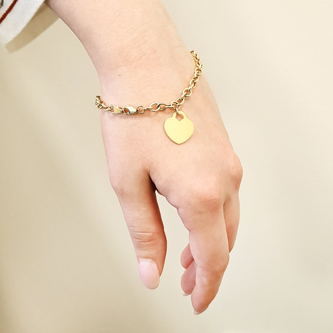 10K Yellow Gold Heart Charm Bangle Bracelet