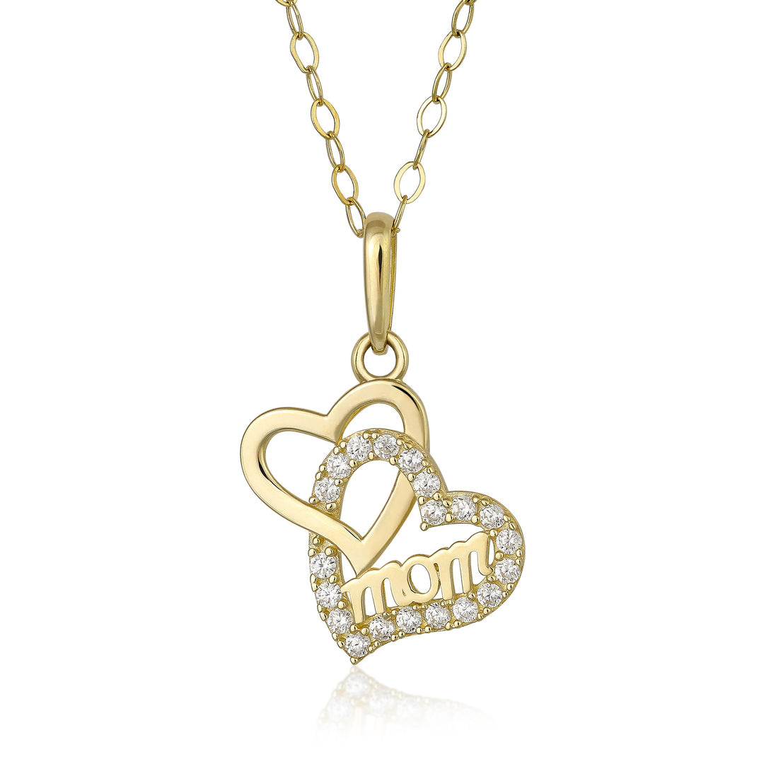 10K Yellow Gold Double the Love Mom CZ Heart Pendant