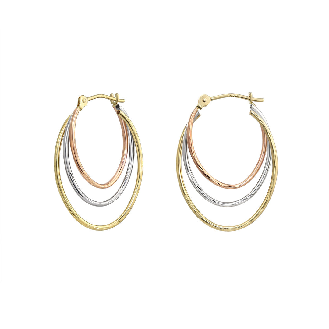 3 Row Tricolor Oval Diamond Cut Hoop Earrings