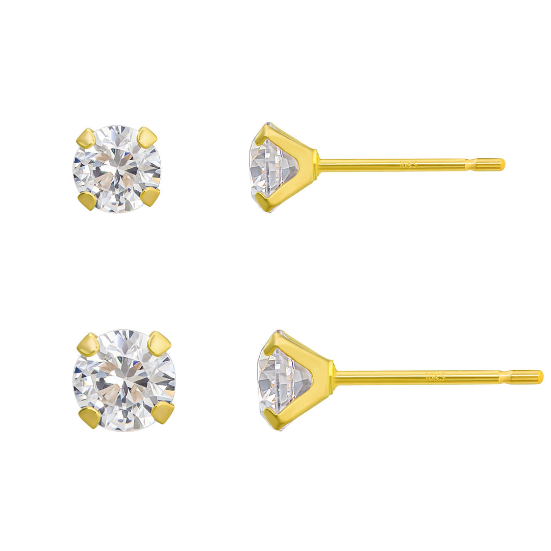 10K Yellow Gold CZ Duo Studs Earring Set