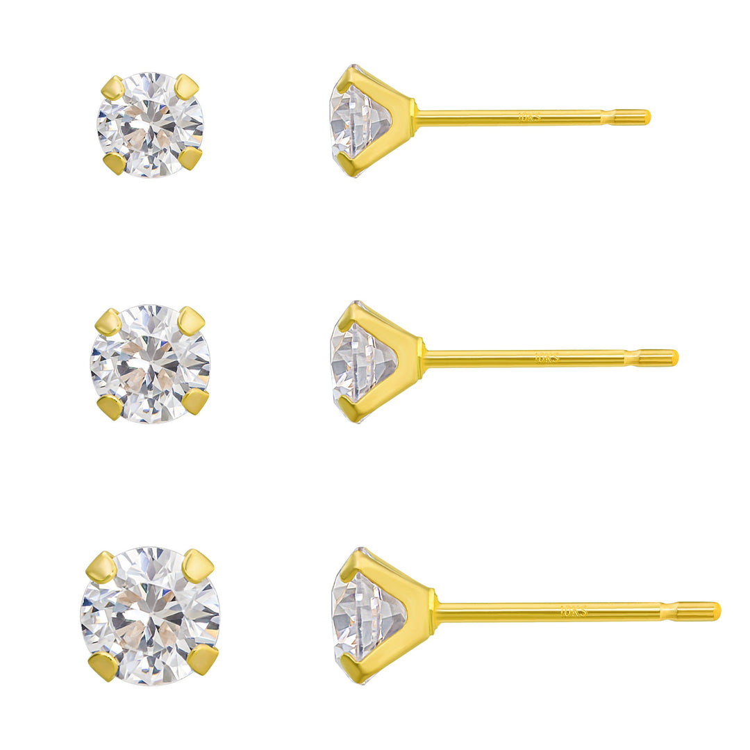 10K Yellow Gold Round Triple Stud CZ Earrings