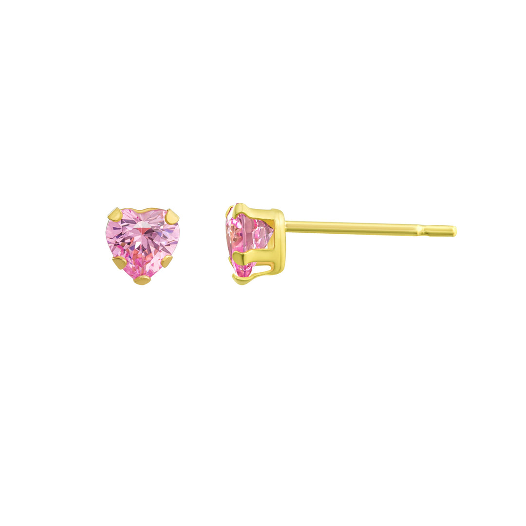 10K Yellow Gold My Heart Pink CZ Stud Earrings