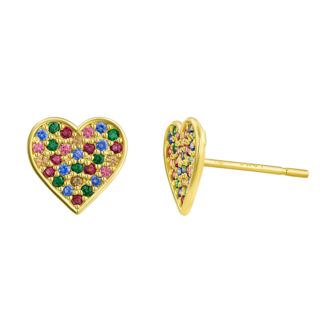 10K Yellow Gold Multicolor Stud Heart Earrings