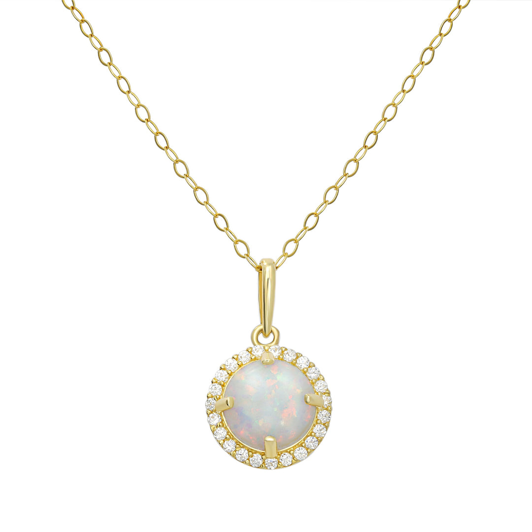 10K Yellow Gold Classic Round Created Opal And CZ Pendant